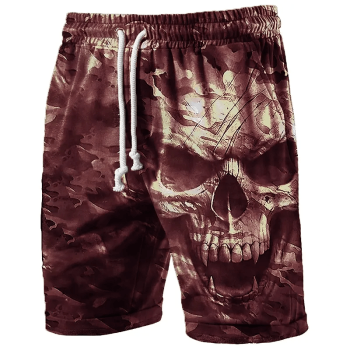 Men's Skull Print Beach Shorts UK Side view of men's camouflage skull swim trunks with lightweight breathable performance fabric.