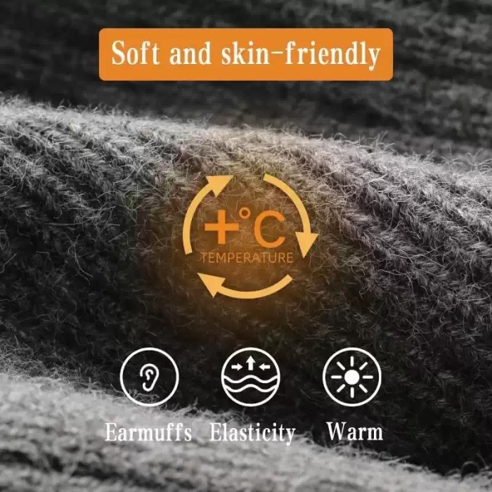 Soft and Skin-Friendly Fabric Detail Close-up texture of the grey knit winter hat fabric highlighting its skin-friendly material, elasticity, earmuff protection, and thermal warmth features