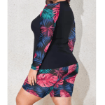 Side view of women's square neck long sleeve printed two-piece swimsuit with quick-dry stretch fabric.