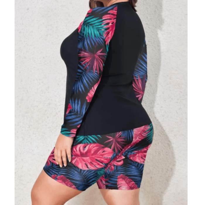 Printed Long Sleeve Swimwear UK Side view of women's square neck long sleeve printed two-piece swimsuit with quick-dry stretch fabric.