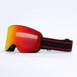Orange mirrored ski goggles with a red frame and black strap