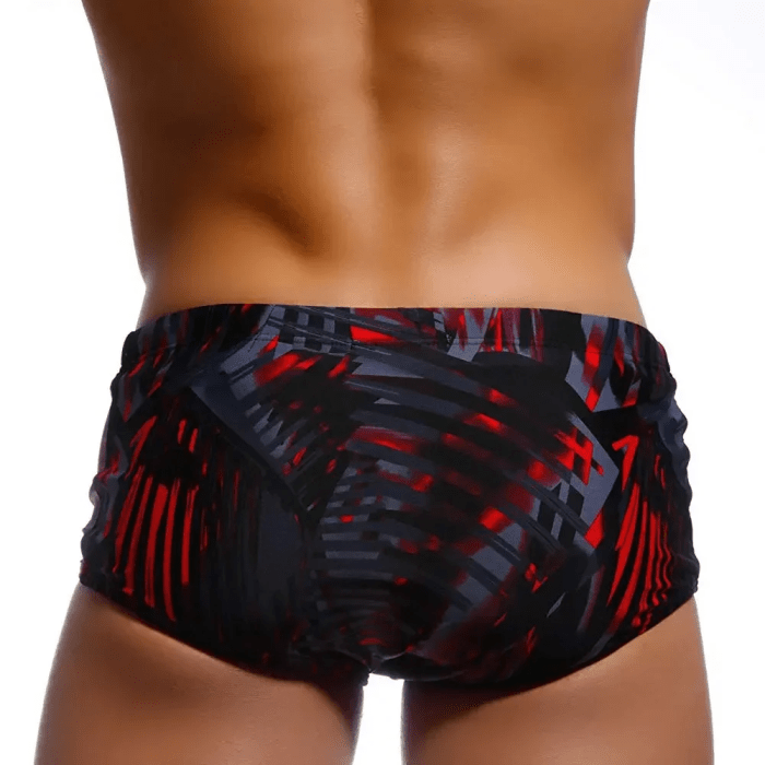 Back view of men's Brazilian swim trunks with breathable quick-dry camouflage fabric.