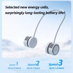 FJK Camping Gear outdoor neck fan battery life breakdown showing energy cells that provide up to 6 hours on speed 1, up to 3 hours on speed 2, and up to 1.6 hours on speed 3.