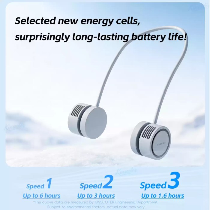 FJK Camping Gear outdoor neck fan battery life breakdown showing energy cells that provide up to 6 hours on speed 1, up to 3 hours on speed 2, and up to 1.6 hours on speed 3.