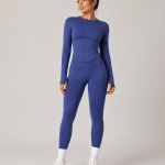 Women’s royal blue long-sleeve jacket, sports top and high-waisted yoga leggings