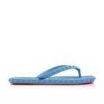 Sky blue studded rubber flip flops featuring spiked straps and textured soles for casual pool and beach wear.