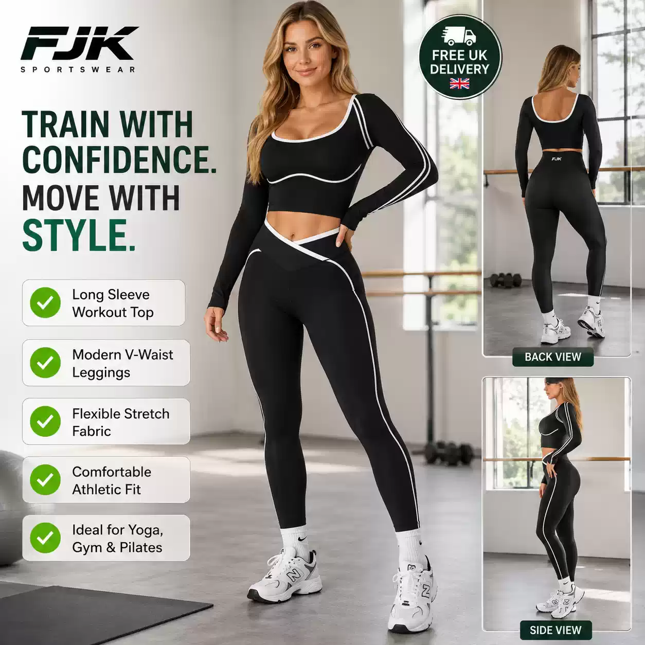 Women’s black long-sleeve workout top and V-waist leggings set with white contrast trim