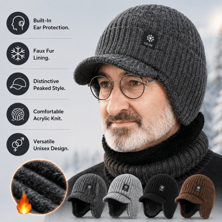 Dark grey knitted peaked beanie hat with built-in ear flaps and a matching neck warmer.