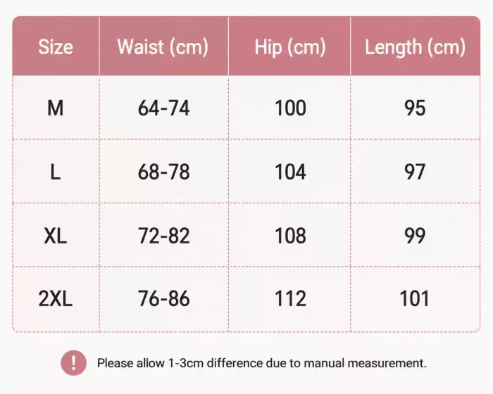 Women's Thick Fleece-Lined Leggings and Joggers Size Chart Sizing chart table for women's fleece-lined joggers listing measurements in centimeters for sizes M (Waist: 64-74cm, Hip: 100cm, Length: 95cm), L (Waist: 68-78cm, Hip: 104cm, Length: 97cm), XL (Waist: 72-82cm, Hip: 108cm, Length: 99cm), and 2XL (Waist: 76-86cm, Hip: 112cm, Length: 101cm), with a note allowing a 1-3cm difference due to manual measurement.