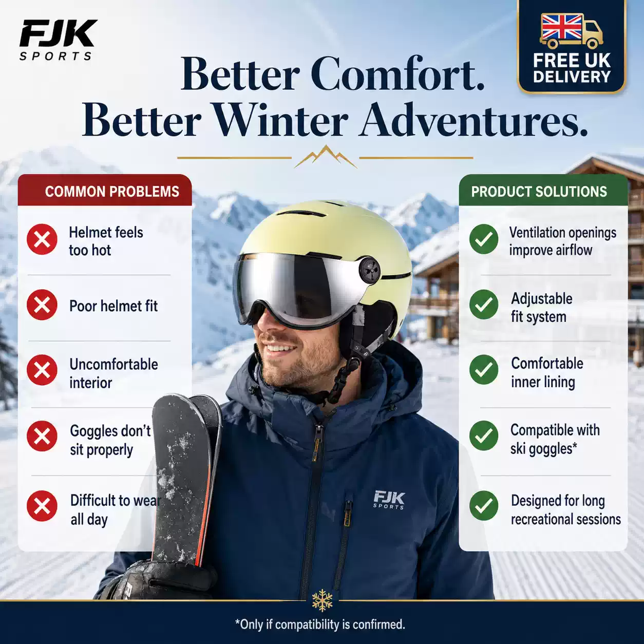 Man wearing a ventilated adjustable ski helmet with visor, comfortable lining and goggle-compatible design