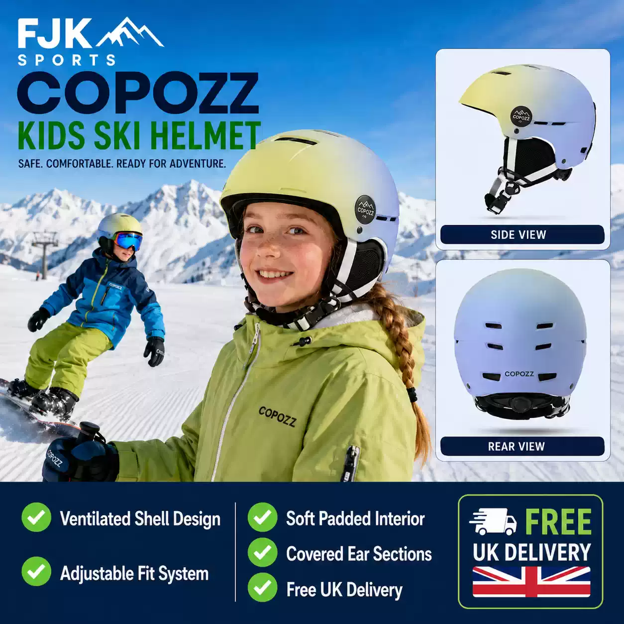Child wearing a ventilated COPOZZ kids ski helmet with padded ear covers and adjustable fit system