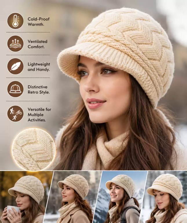 Beige cable-knit women's peaked beanie hat featuring cold-proof warmth, ventilated comfort, a lightweight design, distinctive retro style, and versatility for multiple activities, showcased with a close-up fabric texture detail and multiple outdoor styling views.