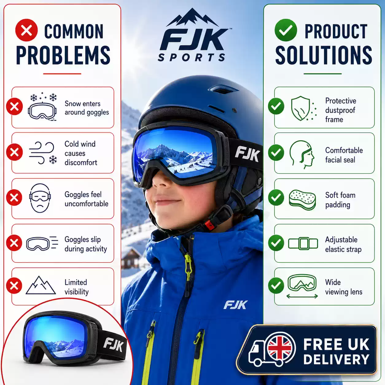 Child wearing blue mirrored ski goggles with dustproof frame, soft foam padding and adjustable strap