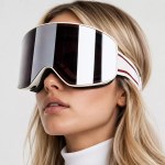 Woman wearing oversized silver mirrored ski goggles with a wide panoramic lens
