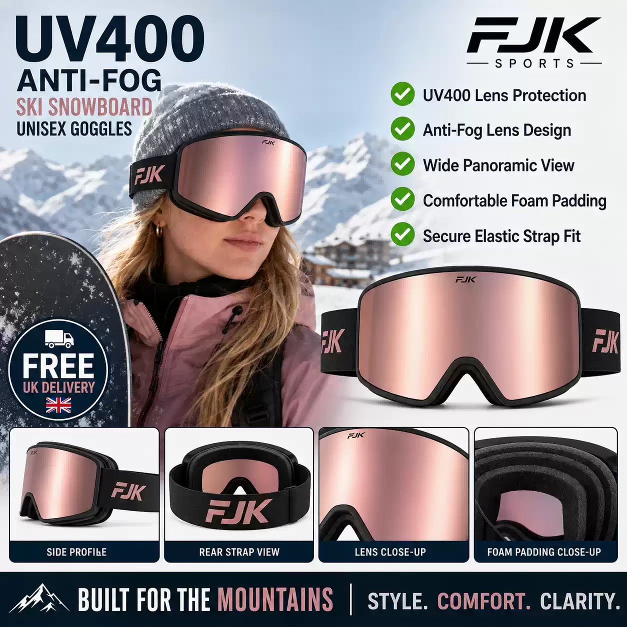Rose gold mirrored unisex ski goggles with UV400 protection, anti-fog lens, foam padding and adjustable strap