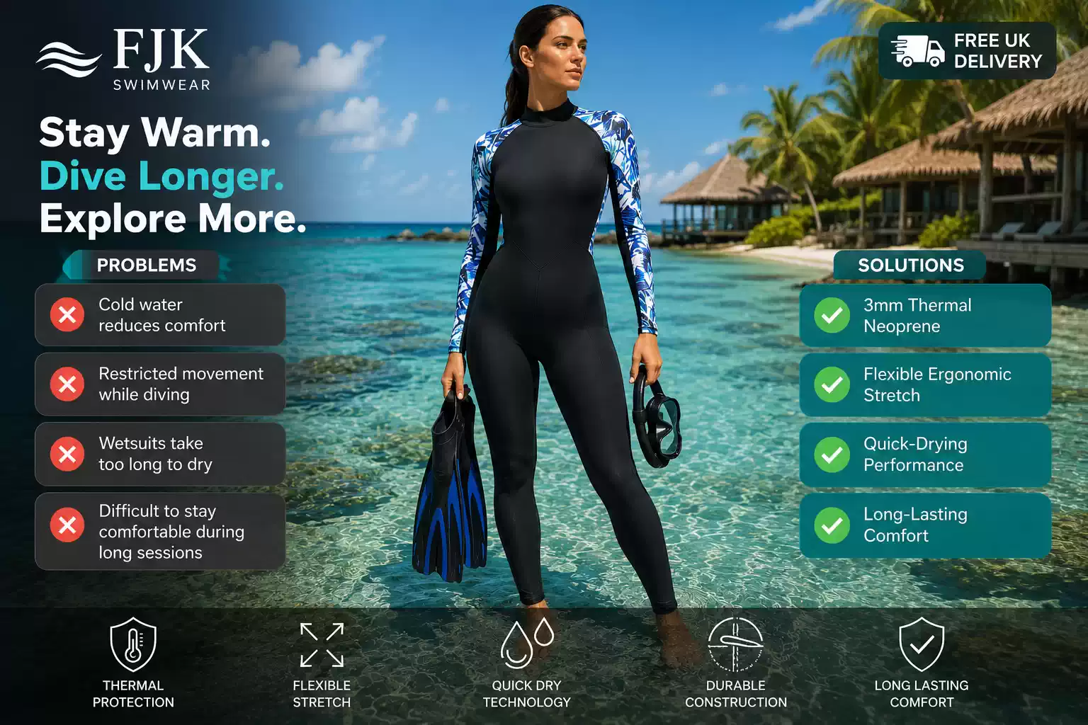 Women’s 3mm neoprene diving wetsuit with thermal protection, flexible stretch and quick-dry comfort