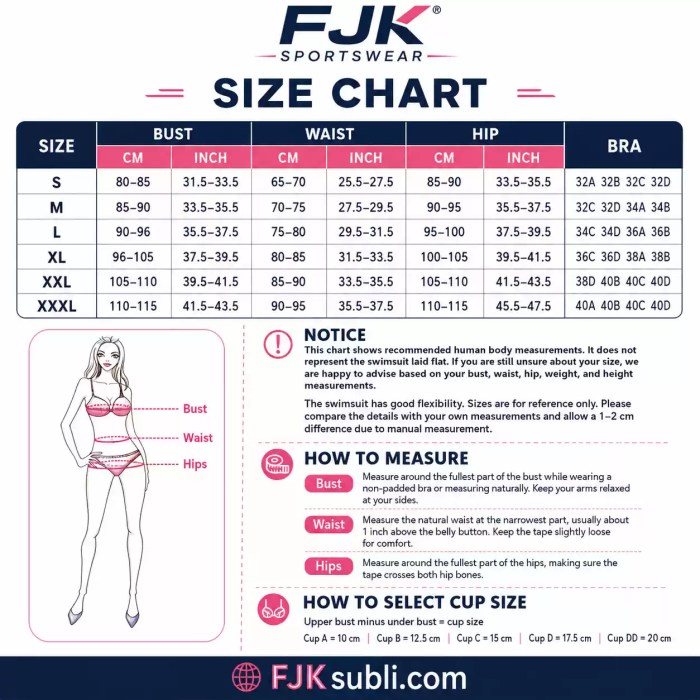 Women’s swimsuit size chart with bust, waist, hip and bra measurements