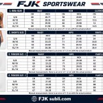 Women’s sports bra, gym shorts and leggings size chart from S to XL with bust, waist, hip and length measurements