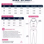 Women’s sports bra and high-waisted leggings size chart for S to L with bust, waist, hip and length measurements in inches