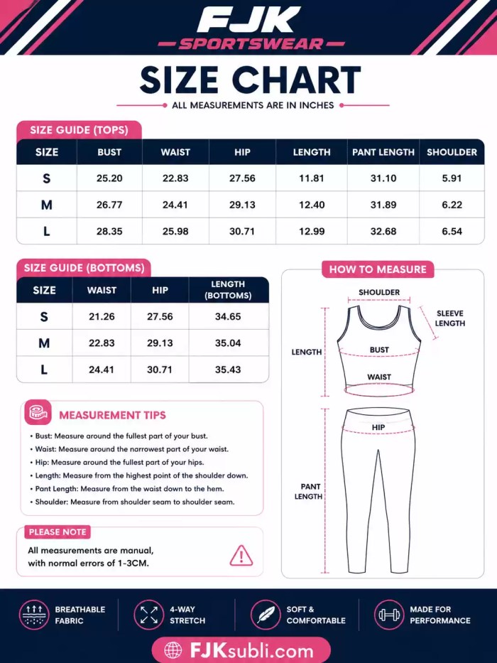 Women’s Sports Bra and Leggings Size Chart Women’s sports bra and high-waisted leggings size chart for S to L with bust, waist, hip and length measurements in inches