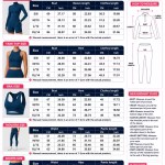 Women’s long-sleeve top, tank top, sports bra, leggings and shorts size chart from S to XL with measurements in centimetres and inches