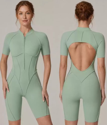Sage Green Zip-Front Yoga Romper