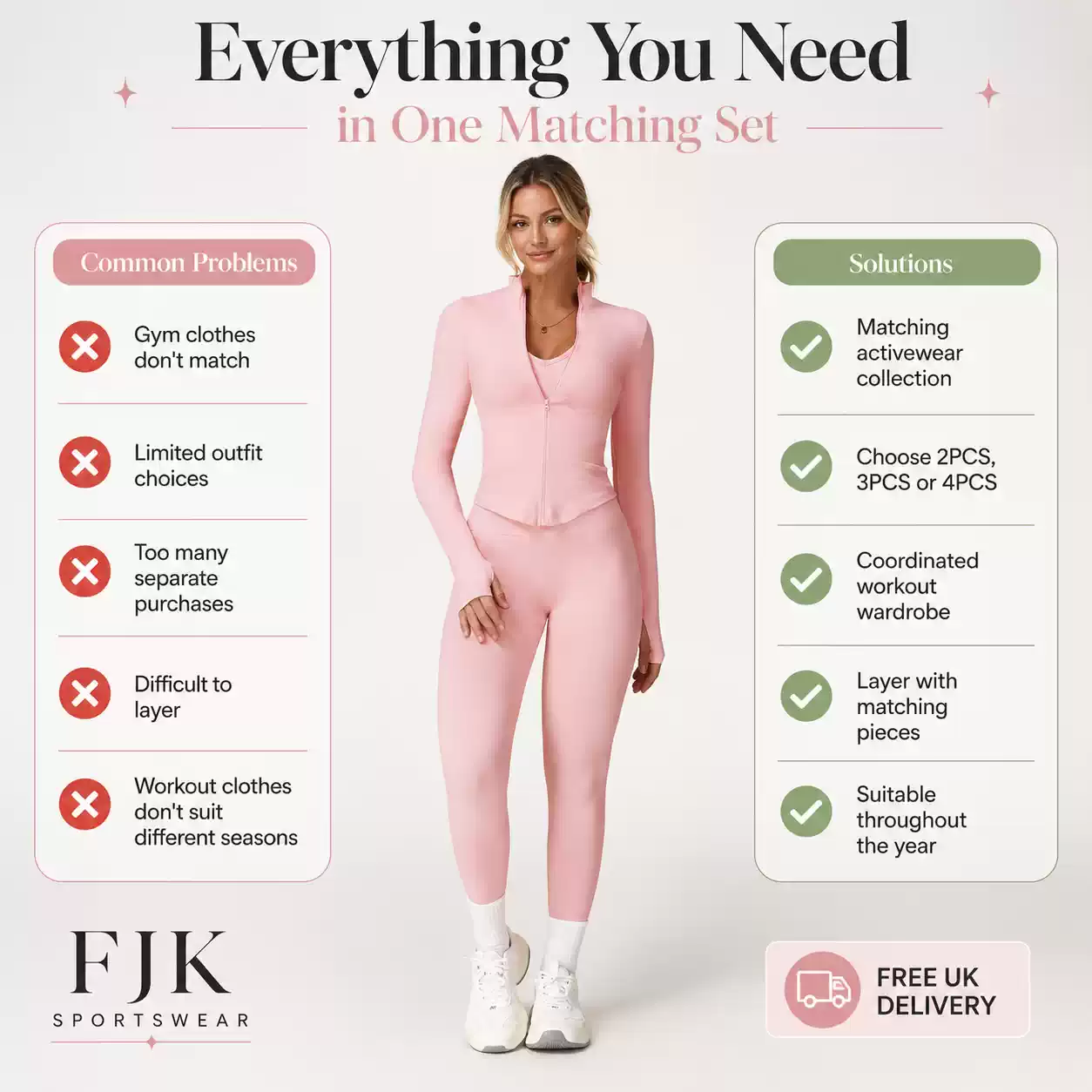 Women’s pink matching activewear set with zip jacket, sports top and high-waisted leggings, available in 2-piece, 3-piece or 4-piece options