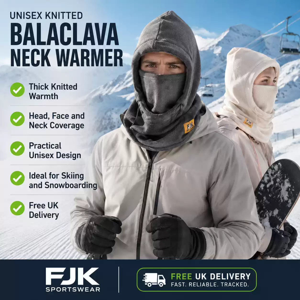 Man and woman wearing knitted balaclava neck warmers for skiing and snowboarding