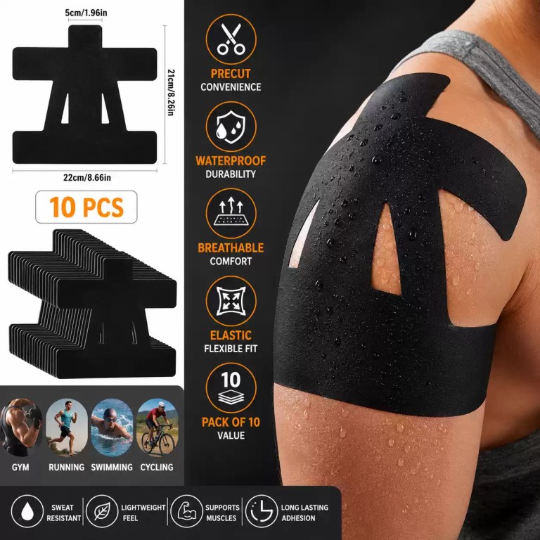 Precut waterproof athletic kinesiology tape featuring breathable comfort, an elastic flexible fit, muscle support, and 10 pieces for gym, running, swimming, and cycling.