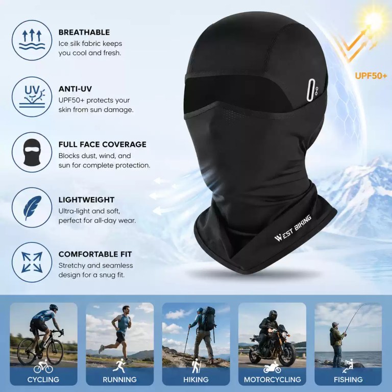 UPF 50+ breathable ice silk balaclava featuring anti-UV protection, full face coverage, lightweight design, and a comfortable fit for cycling, running, hiking, motorcycling, and fishing.
