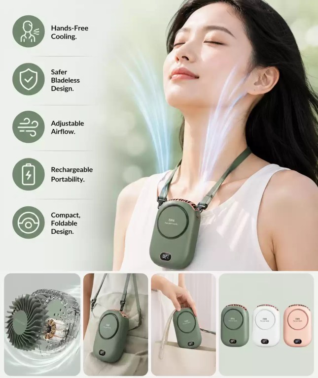 Portable hands-free neck fan featuring a digital display, safer bladeless design, adjustable airflow, rechargeable portability, and a compact foldable structure available in green, white, and pink color options.