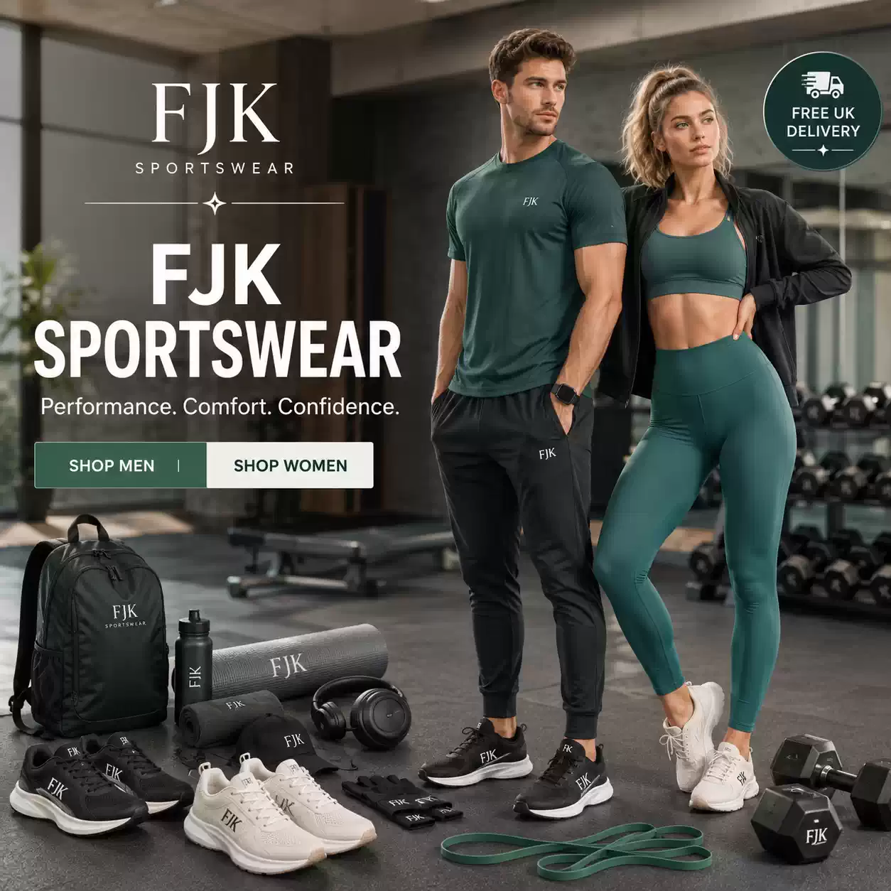 Men’s and women’s FJK sportswear with gym clothing, trainers and fitness accessories