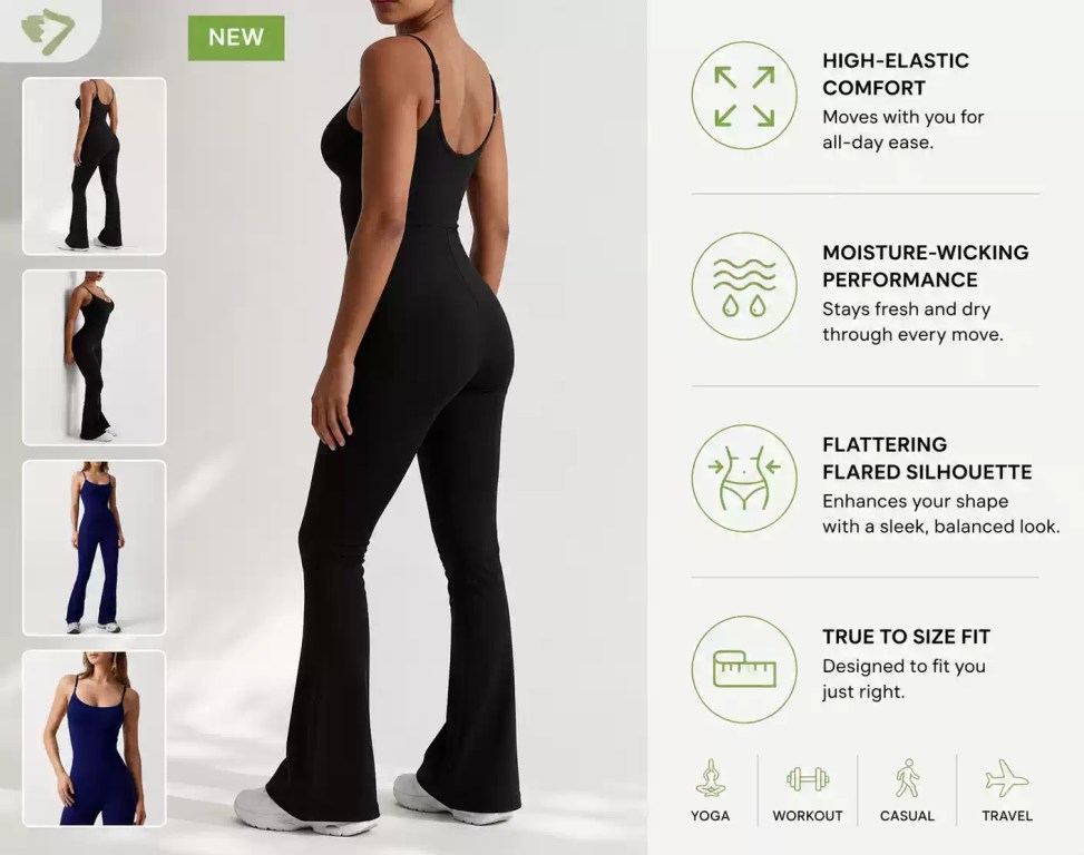 black flared jumpsuit with moisture-wicking, high-elastic fabric for yoga and workouts.