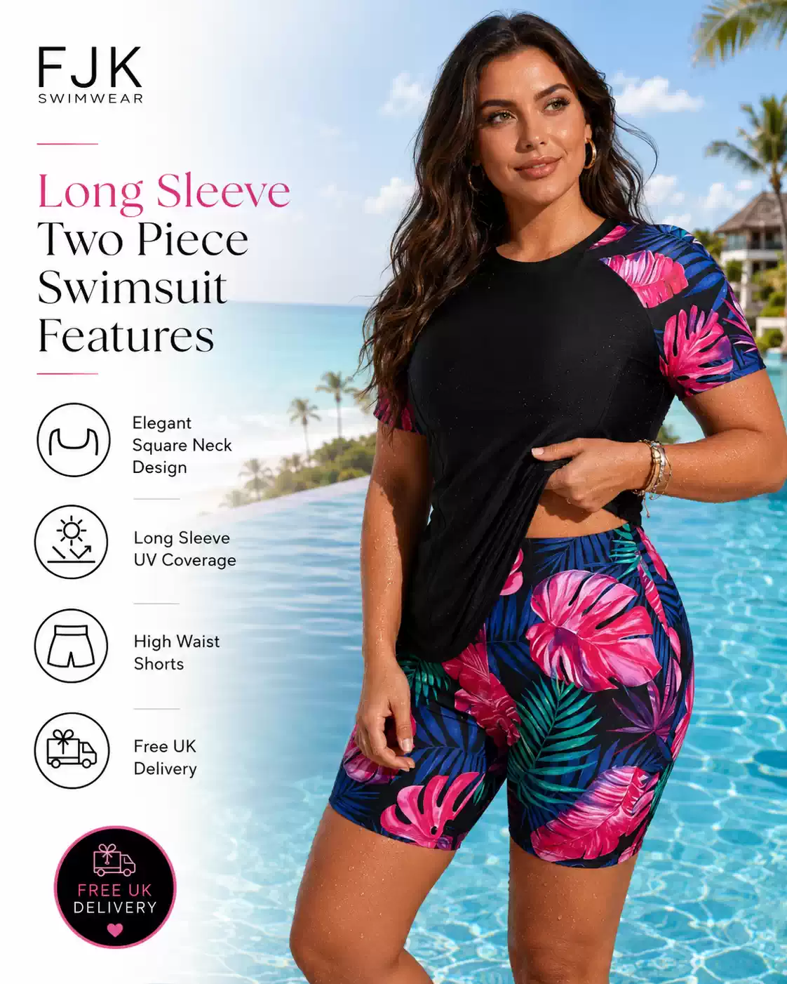 FJK Swimwear women's long sleeve two piece swimsuit with UV protection, high waist shorts, tropical print and free UK delivery.