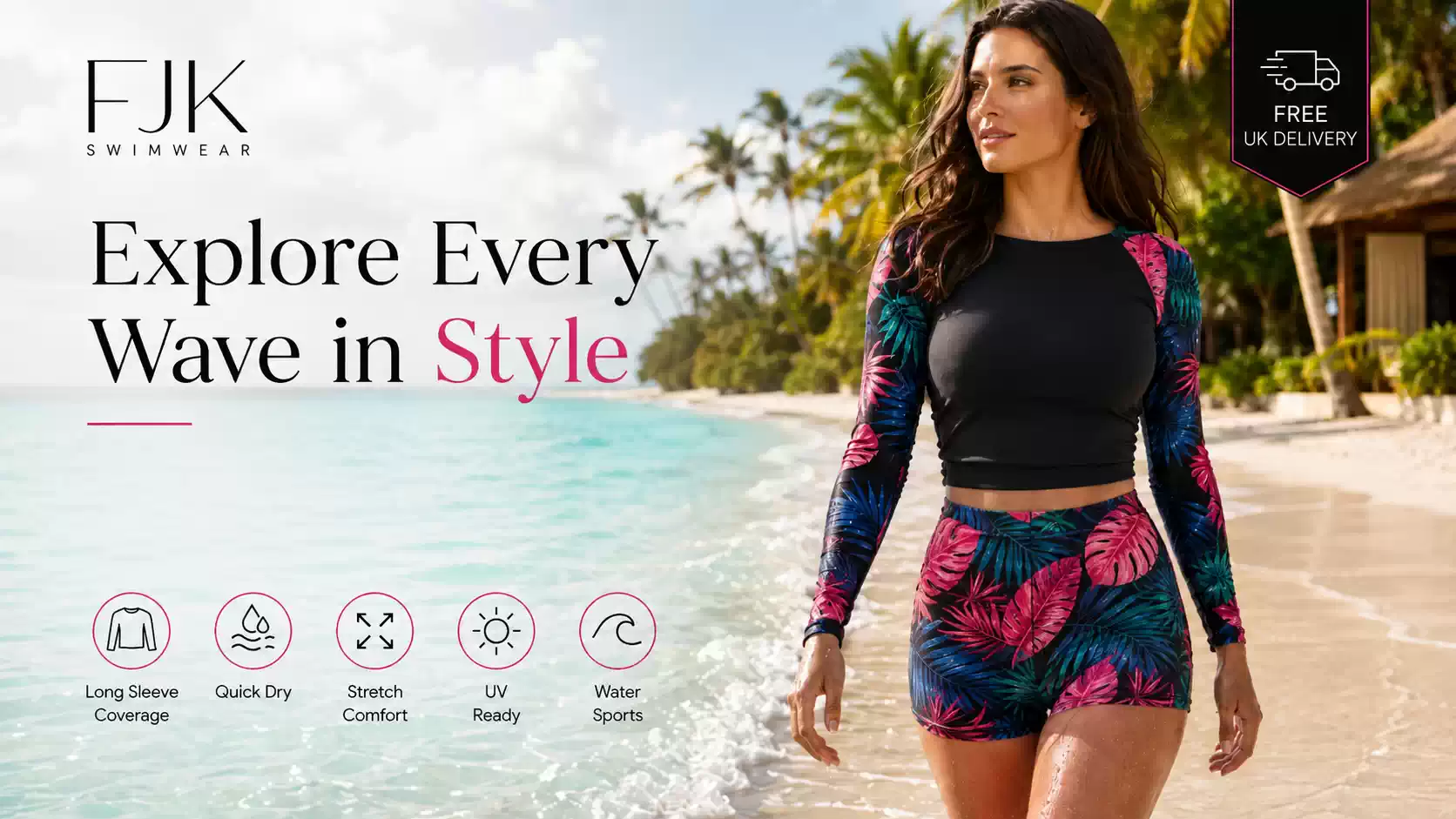Women's long sleeve two piece swimsuit with UV protection, quick dry fabric, tropical print shorts and free UK delivery.
