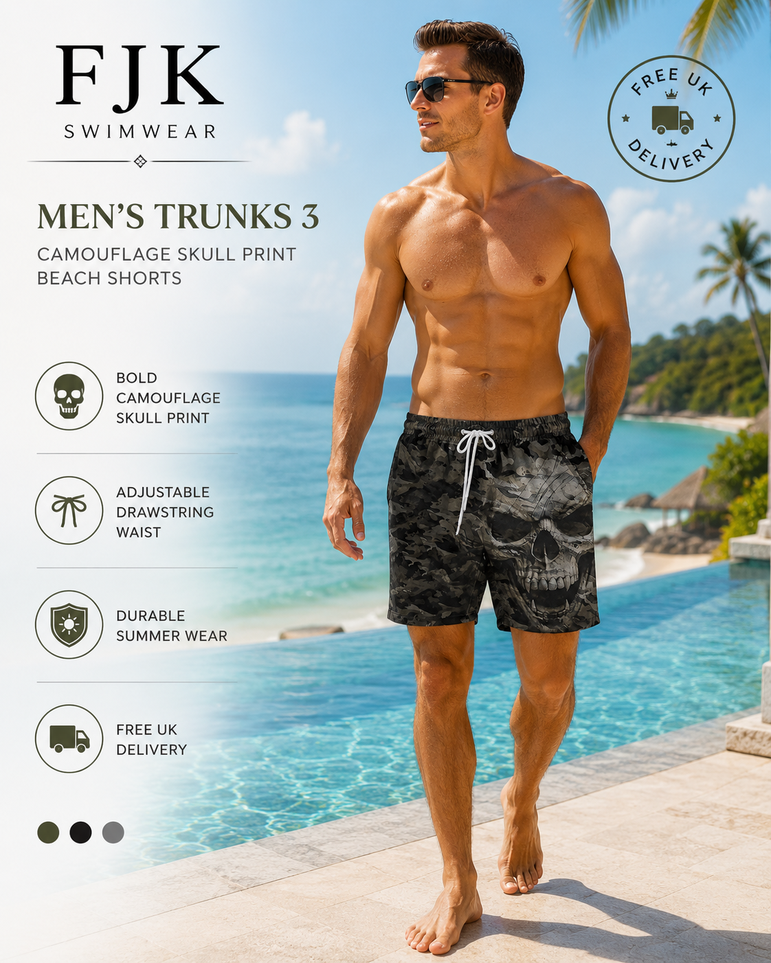 men's camouflage skull print swim trunks with adjustable drawstring waist, quick-dry fabric and free UK delivery for beach holidays.