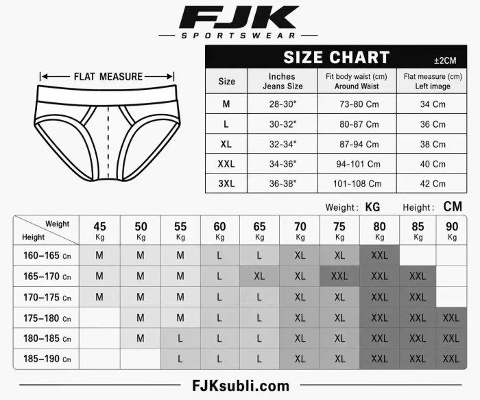 FJK Sportswear men's swim briefs size chart with waist measurements, jeans size conversion, height and weight guide for the perfect fit.