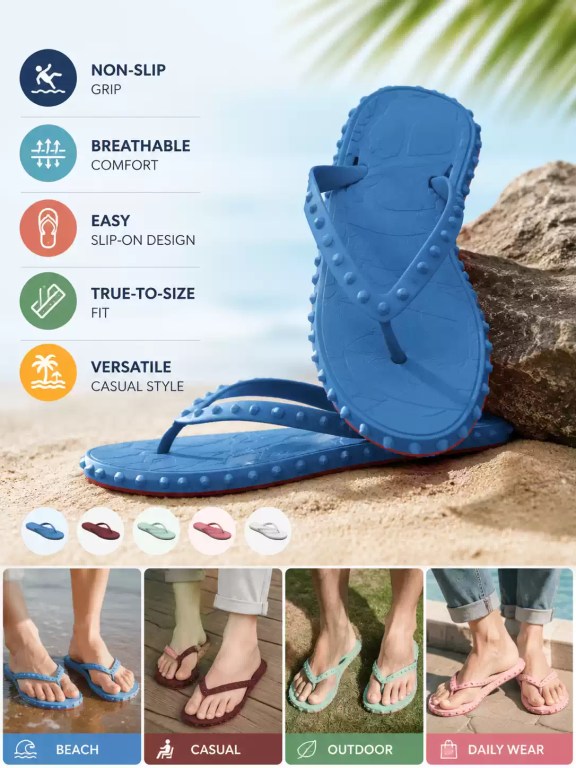 Non-slip casual flip flops featuring breathable comfort, an easy slip-on design, a true-to-size fit, and versatile casual style for the beach, outdoor use, and daily wear.