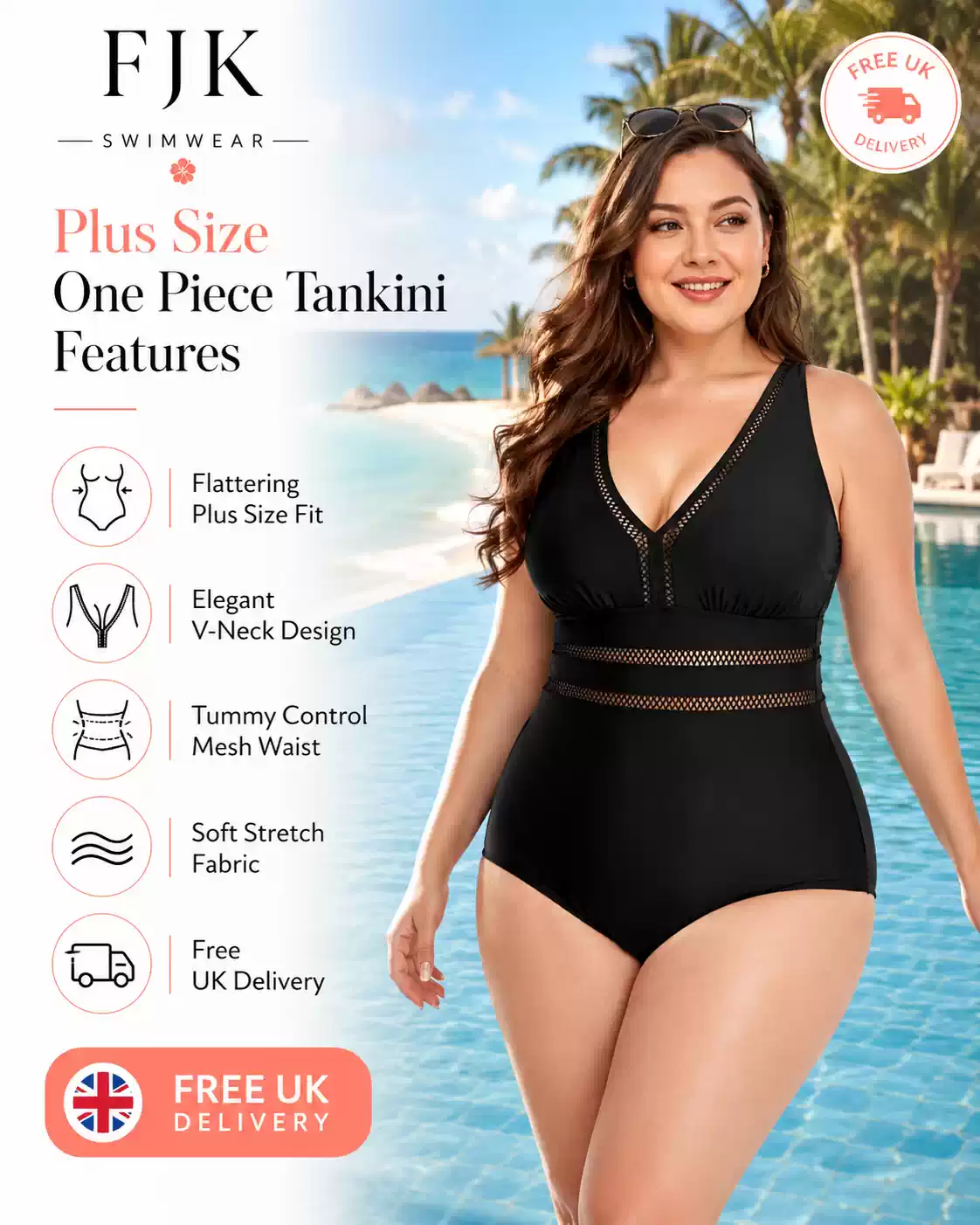 Women's plus size one piece tankini swimsuit with tummy control mesh, V-neck design, soft stretch fabric and free UK delivery