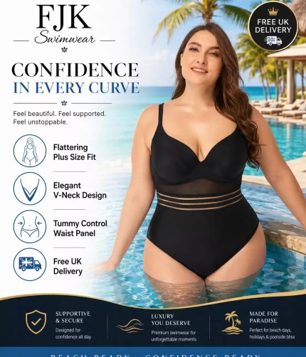 FJK Swimwear black plus size tummy control one piece swimsuit with V-neck, supportive fit and mesh waist panel for beach and pool