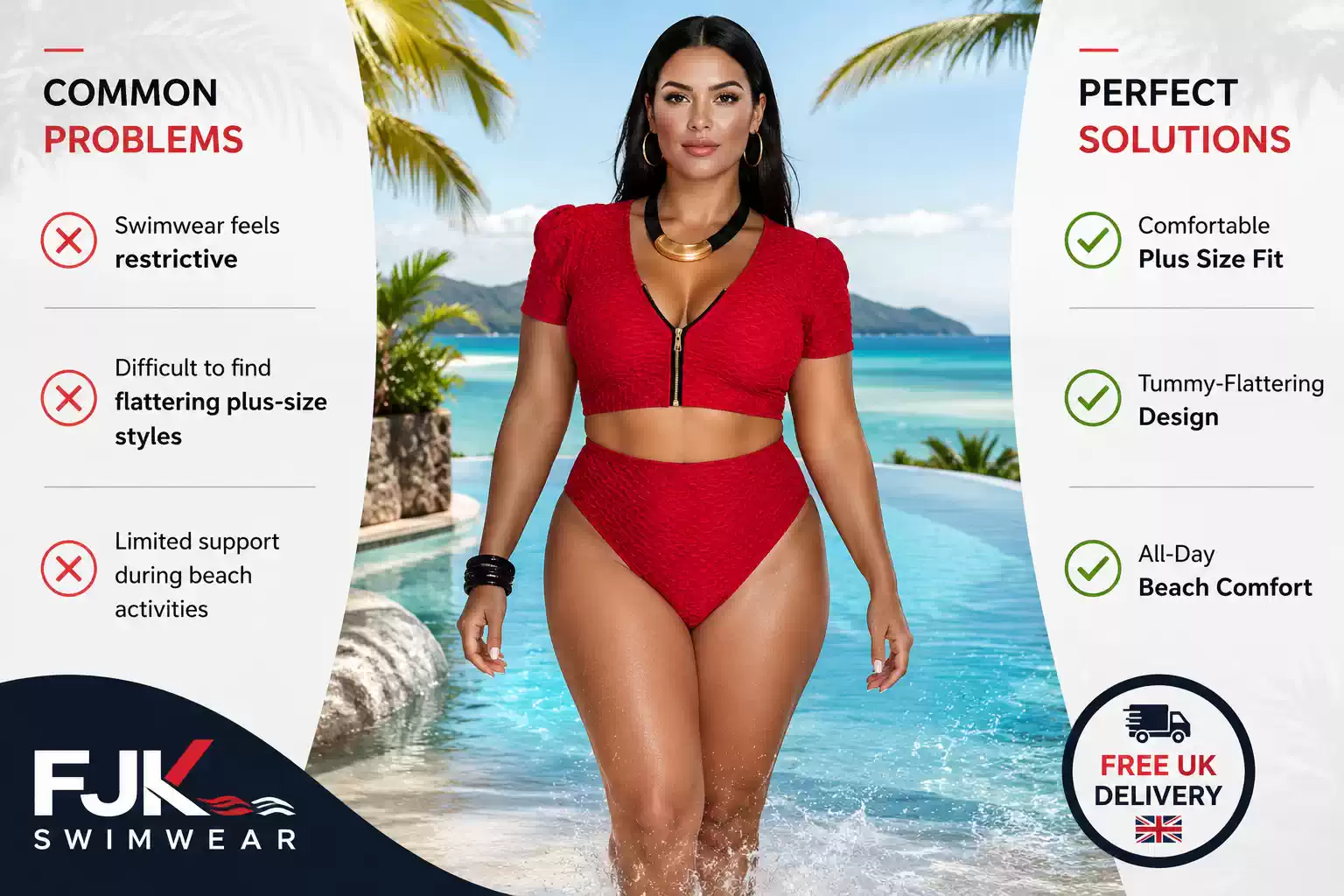 Women's plus size two piece bikini set with front zip crop top, high waist bottoms, tummy-flattering fit and free UK delivery.