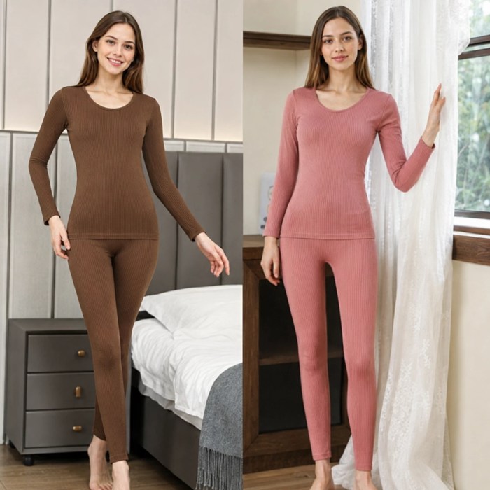 Women’s ribbed thermal long sleeve top and leggings set in brown and pink