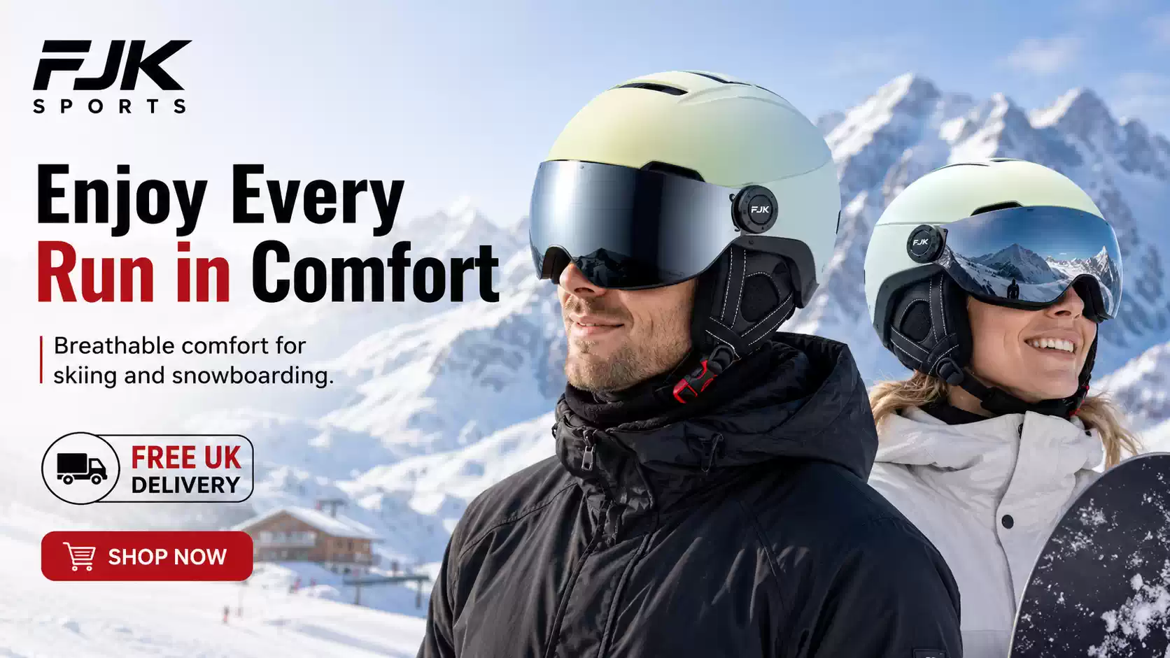 Man and woman wearing ventilated ski helmets with integrated visors for skiing and snowboarding
