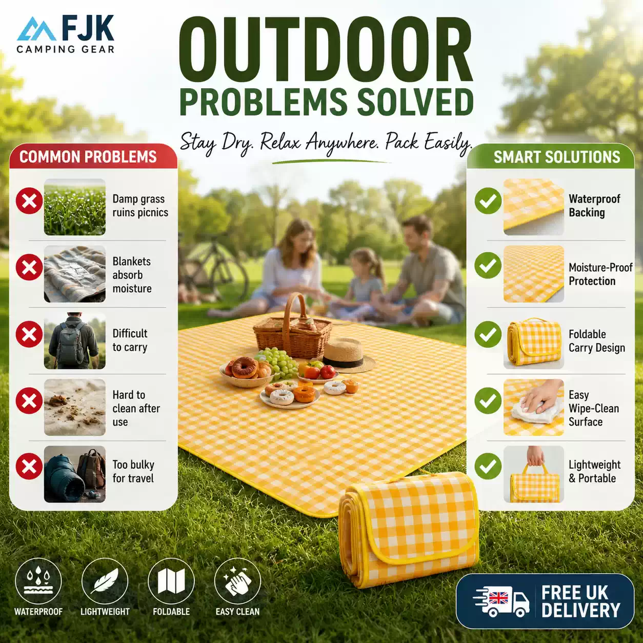 Yellow waterproof camping picnic mat with foldable carry design, moisture protection and easy-clean surface