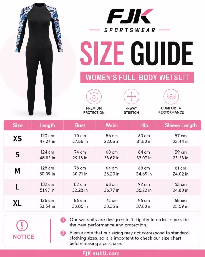 Women’s full-body neoprene wetsuit size chart from XS to XL with body measurements