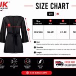 Women's beach kimono size chart with one-size measurements, bust, shoulder and length guide