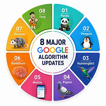 Major Google algorithm updates including Panda, Penguin, Hummingbird, Pigeon, Mobile, RankBrain, Possum and Fred