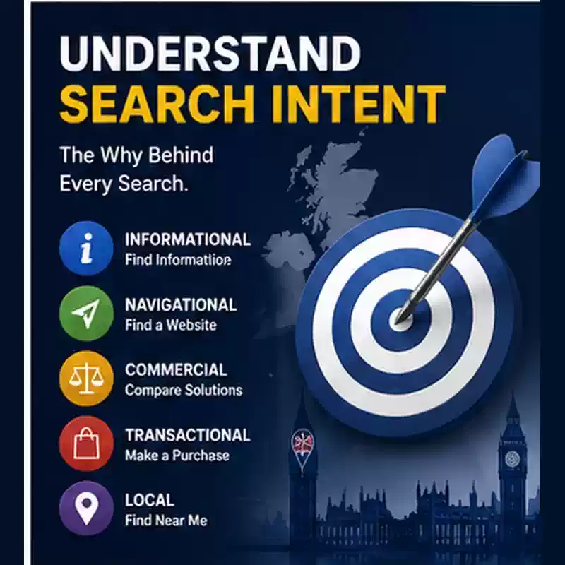 Understanding search intent in SEO, including informational, commercial, transactional and navigational intent for keyword strategy.