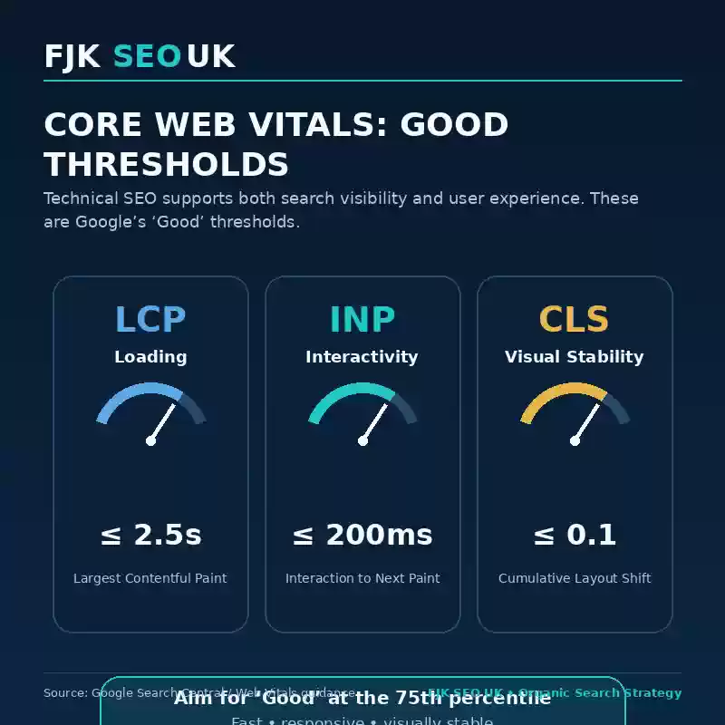Core Web Vitals infographic showing recommended LCP, INP and CLS performance thresholds for technical SEO and website user experience.