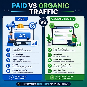 Paid versus organic traffic comparison showing advertising, SEO visibility, costs, long-term growth and sustainable website traffic.
